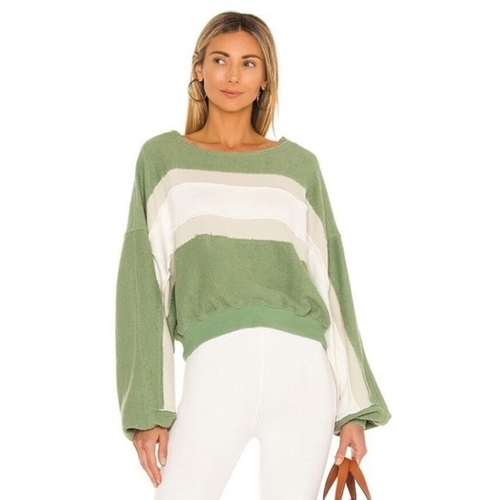 We The Free Green and White Striped Oversized Sweatshirt